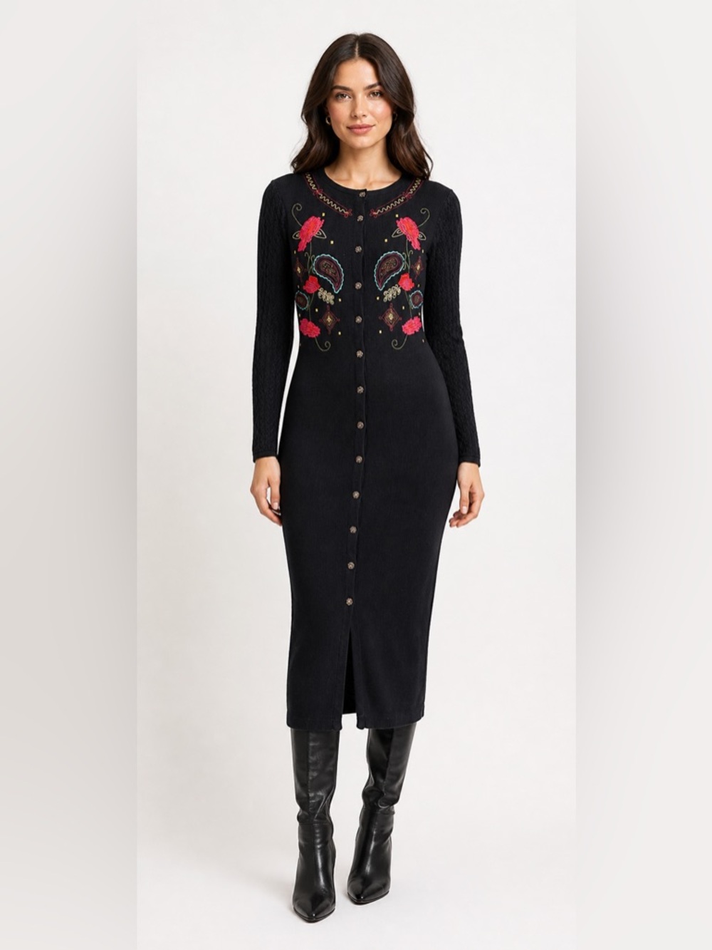 Vintage Boho Embroidered Sweater Maxi Dress Retro Countrycore Dark Fairycore